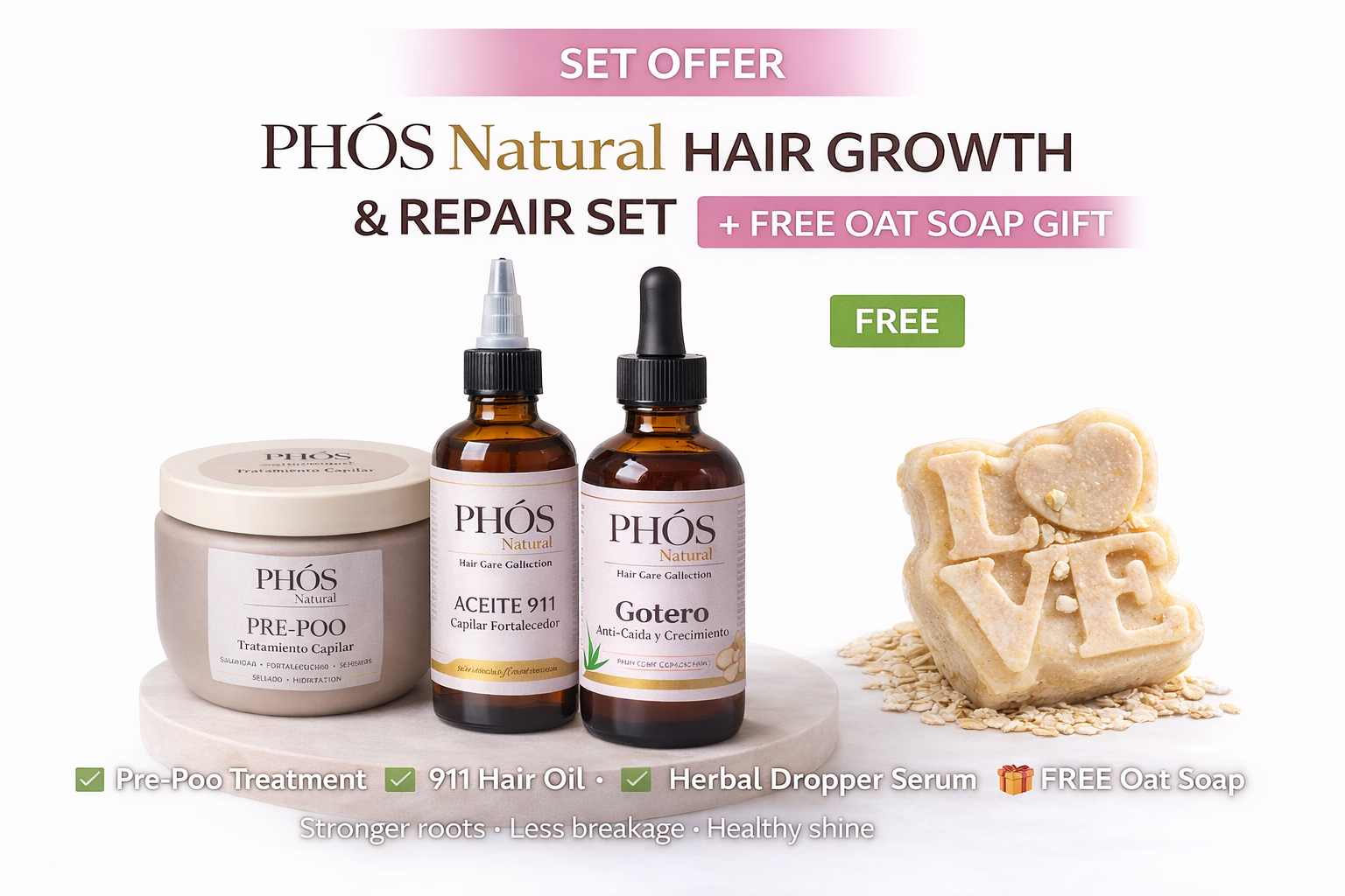 PHÓS Natural Hair Growth & Repair Set + FREE Oat Soap (Limited Offer)